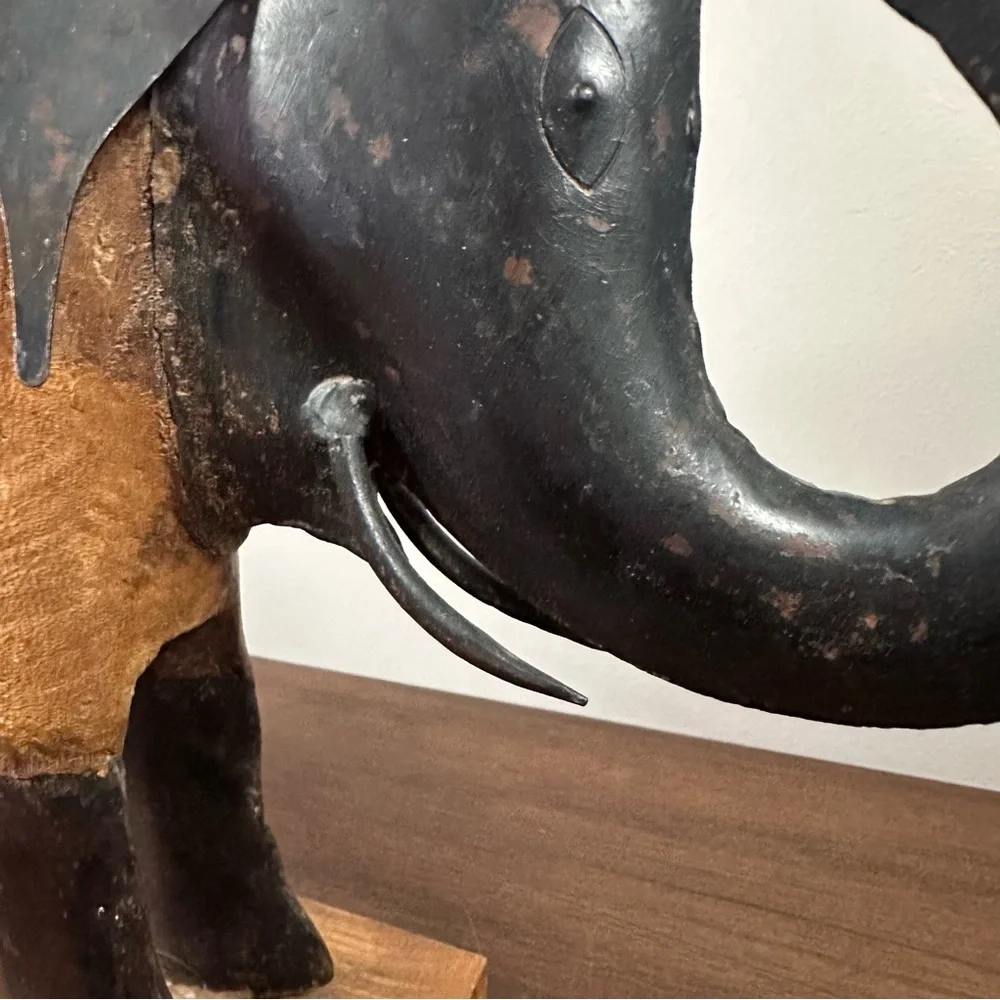 Pier 1 Imports Tropical Hardwood and Tin Hand Carved Elephant Figurine 10” Decor